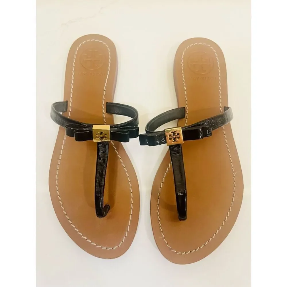 Tory Burch Black Patent Leather Bow Thong Sandals with Gold Logo